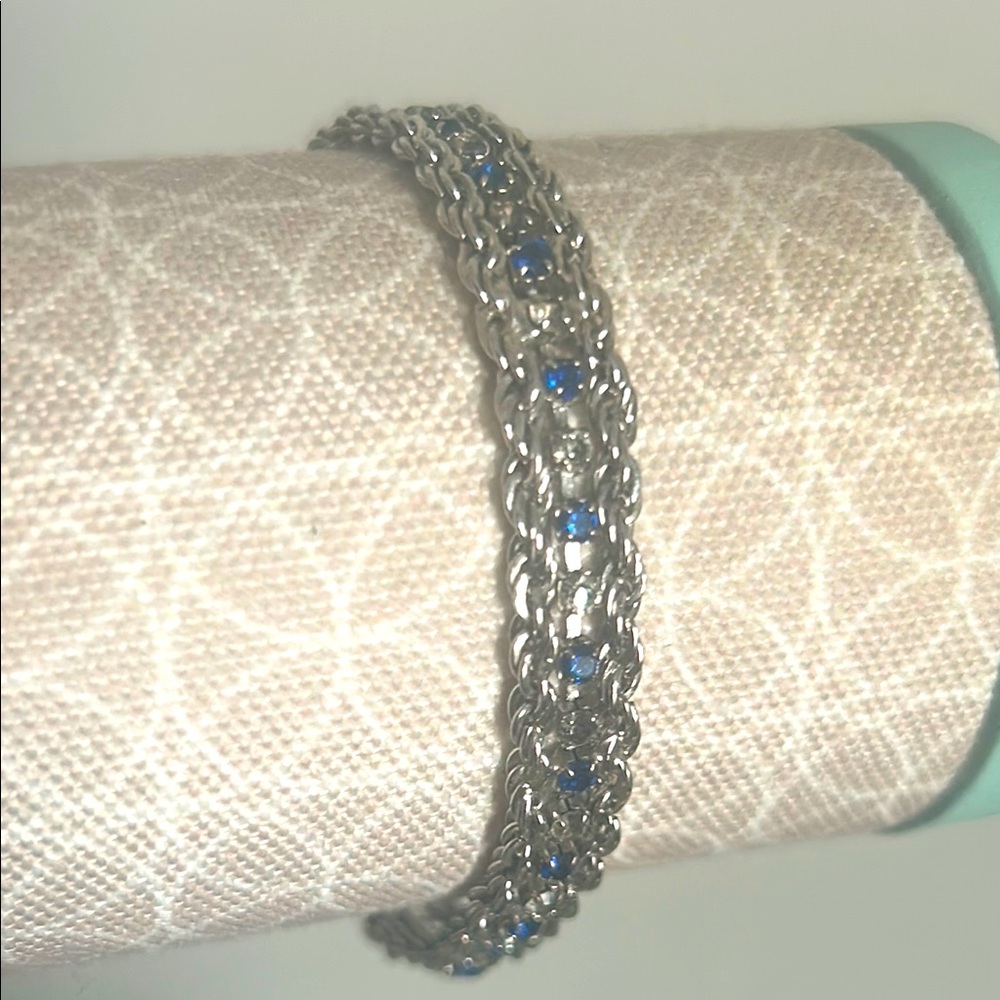 Chic Silver Tone Rope Chain Sapphire Blue and Diamond Colored Crystal Bracelet